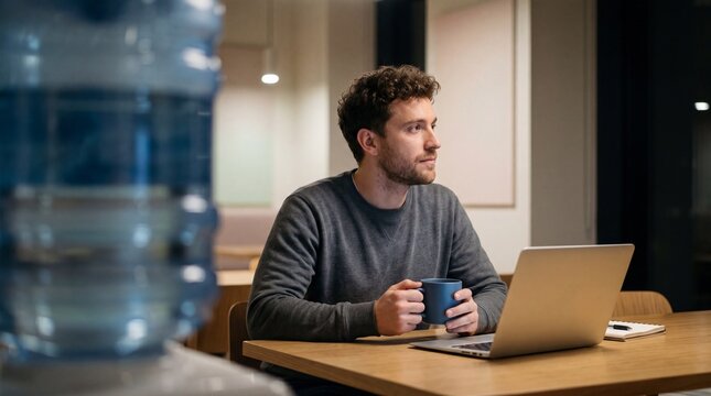 Thoughtful man with coffee mug and laptop at night in open plan office