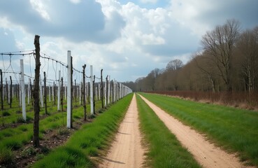 Obraz premium Dirt path leads through vineyard rows with white stakes. Bare trees line a distant forest border under a cloudy sky. Green grass grows beside the track.