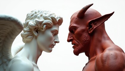 Obraz na płótnie Canvas Marble angel statue faces clay devil statue. Sculptures show contrast between good and evil. Concepts of duality morality and inner conflict are depicted.