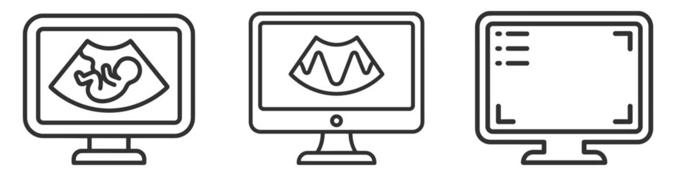 monitor displaying ultrasound scan icons medical diagnostic equipment on transparent background