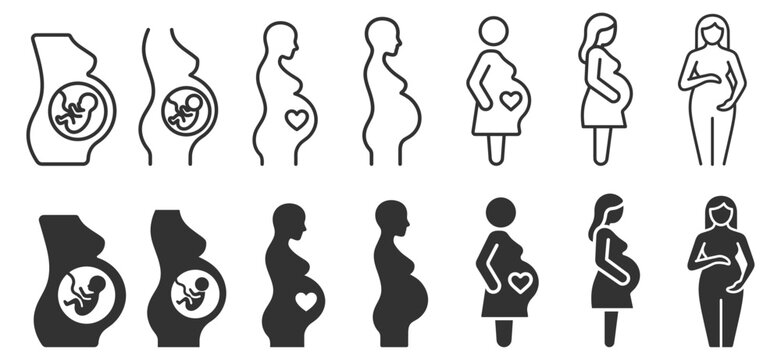 Pregnant woman silhouette icons with fetus and heart symbols vector set on transparent background