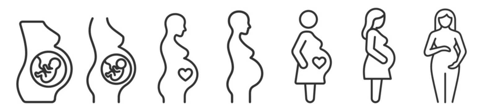 pregnant woman silhouette icons with fetus and heart symbols, pregnancy and maternity concept illustrations on transparent background
