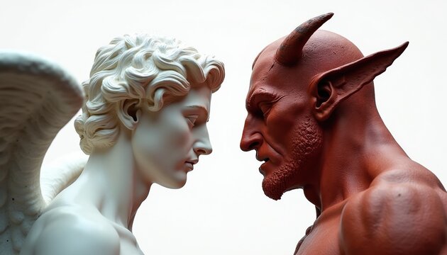 Marble angel statue faces clay devil statue. Sculptures show contrast between good and evil. Concepts of duality morality and inner conflict are depicted.