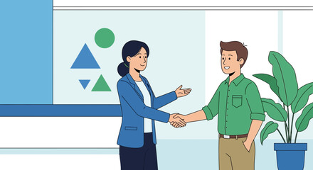 Fototapeta premium Business handshake between man and woman in modern office with geometric decor