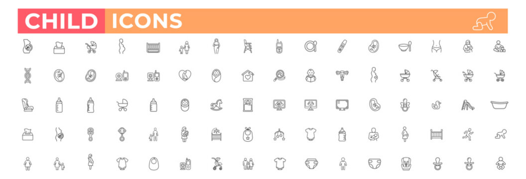 child icons set with baby care and pregnancy symbols vector illustration on transparent background