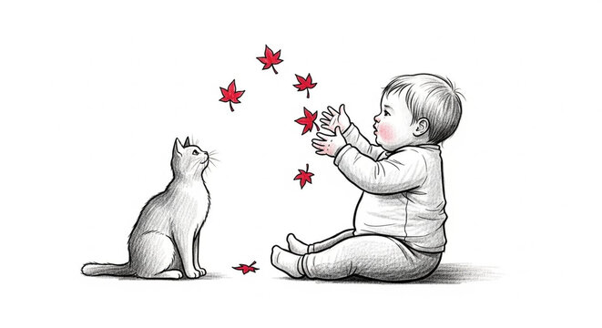 Toddler and Kitten Playing with Autumn Leaves Indoors.