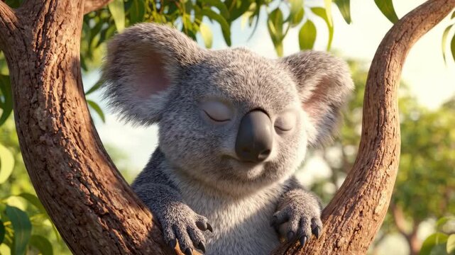 Cute koala with eyes closed resting in a eucalyptus tree