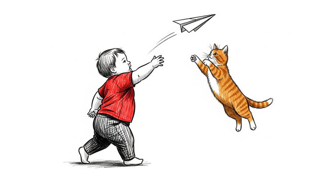 Playful young boy and cat chasing paper airplane indoors.