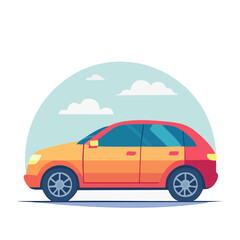 Obraz premium Flat illustration of a colorful car driving under a cloudy sky