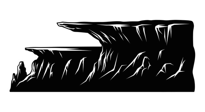 Stylized black and white depiction of a rocky cliff face with sharp angles