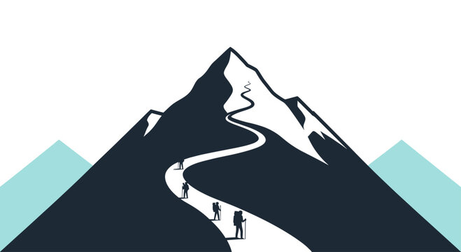 Hikers ascend a winding path up a dark mountain peak under a white sky