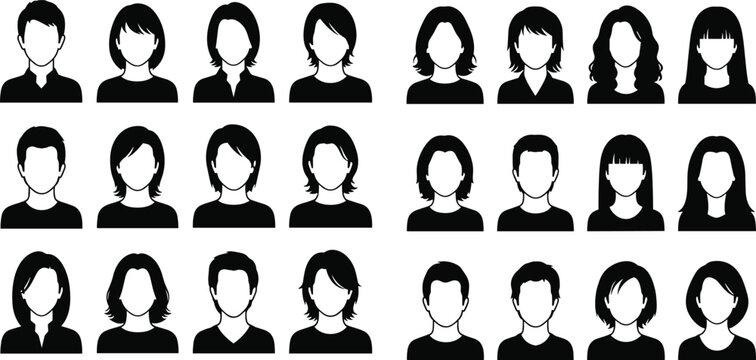 Collection of minimal default avatar silhouettes featuring diverse hairstyles for men and women isolated on white background