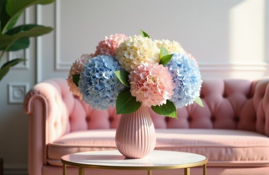 Pastel hydrangea flowers in glass vase on coffee table. Pink tufted sofa in modern interior room. Soft natural light, home decor, floral arrangement.