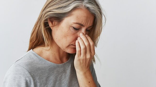 Mature woman experiencing a stress induced headache, massaging her nose bridge, feeling tired with a painful migraine, sinus pressure, and fatigue symptoms
