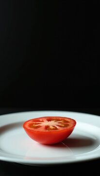 Single tomato half sits on white plate against dark background. Minimalist food photo represents blandness or poor nutrition. Simple vegetable slice offers no appeal.