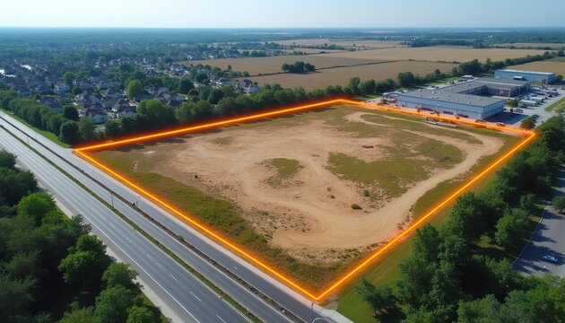 Aerial view of empty land parcel near highway and urban area. Orange boundary highlights development site. Future construction area ready for building.