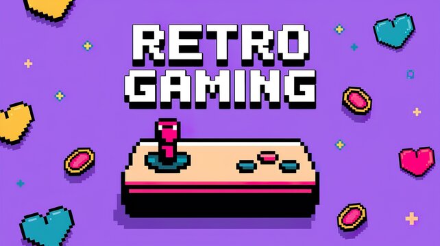 retro gaming pixel art illustration with classic controller joystick and hearts on purple background