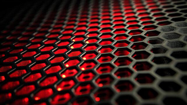 Close up of a black metallic honeycomb mesh panel with a vibrant red light glowing from underneath. Abstract futuristic concept of gaming PC hardware, technology and power