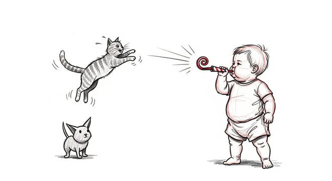 Playful toddler startles cats with toy trumpet illustration.