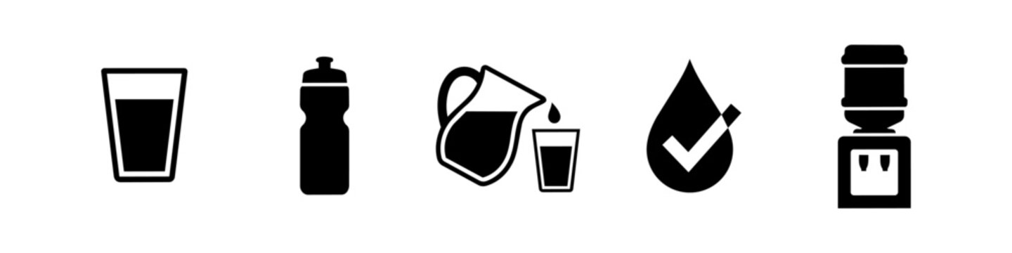 Set of black water-themed icons including a glass, sports bottle, pitcher pouring, water drop with checkmark, and cooler dispenser. Minimalist vector illustration for hydration and wellness.