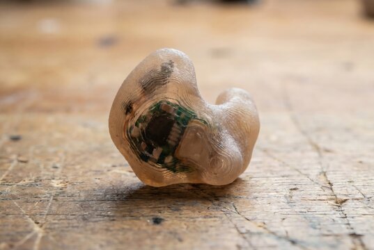 Extreme Macro of Custom 3D Printed In Ear Hearing Aid with Visible Circuit Board and Microchip on Wooden Workbench