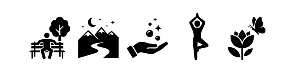 Set of black icons representing wellness and nature, featuring a person on a bench, mountain landscape, yoga pose, magic hand, and a flower with a butterfly. Perfect for health and eco-designs. © Nort Kor