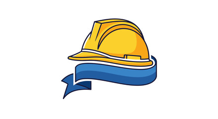 Fototapeta premium Yellow construction safety hard hat icon with blue ribbon banner.