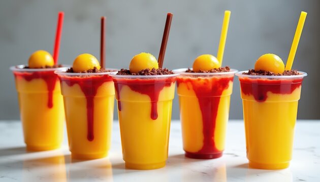Five plastic cups hold yellow mango drinks. Each drink is topped with fruit puree, cookie crumbles, a fruit ball, and a straw. They are arranged on a counter.