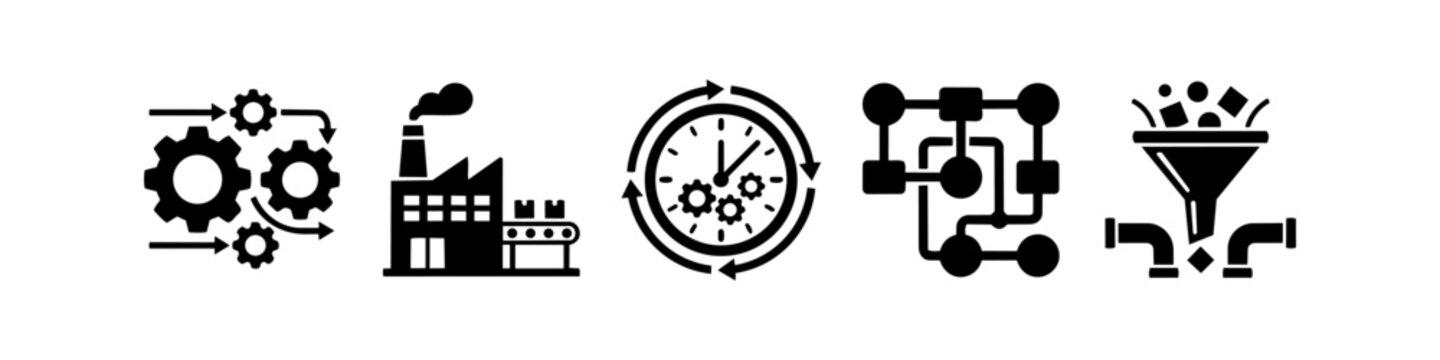 Industrial and business process icons featuring manufacturing factory, workflow gears, time optimization, system network, and data funnel symbols for automation and efficiency concepts.