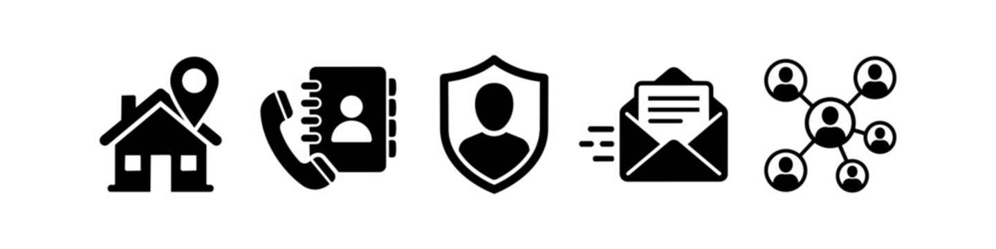 Set of black communication and business icons including location, phone contacts, user security, email message, and social networking on a white background.
