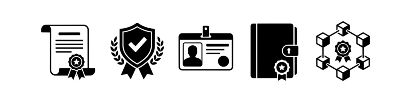 Set of professional certification and security icons including a diploma, shield, ID card, secure folder, and blockchain verification symbols. High-quality black vector illustrations.