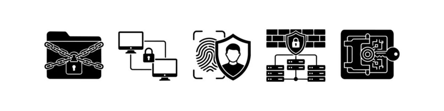 Set of cybersecurity icons representing data protection, network security, biometric authentication, firewall, and encrypted storage. Perfect for digital safety and privacy concepts.