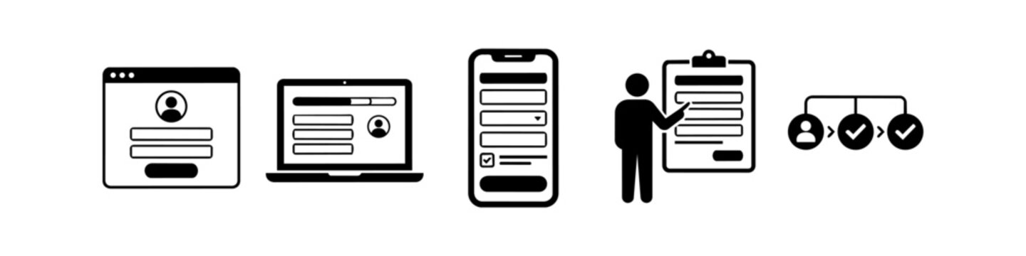 A set of black and white vector icons representing online registration, user login interfaces for web and mobile, form completion on a clipboard, and a step-by-step verification process.
