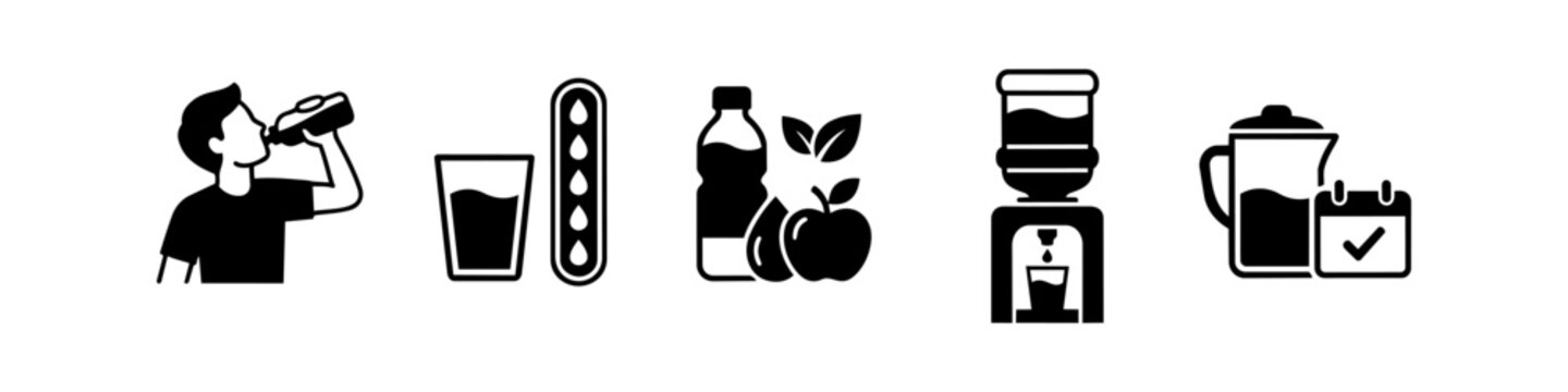 A set of black and white hydration icons featuring a man drinking water, a glass with a level bar, healthy snacks, a water dispenser, and a daily hydration tracker calendar.
