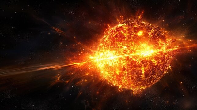 realistic 3d illustration of a sun or planet exploding in space with fire and debris
