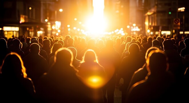 Silhouetted crowd on a city street at sunset or sunrise