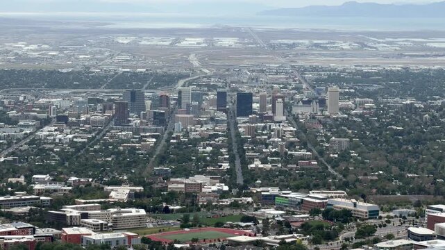 Panorama of Salt Lake City downtown skyline from the Living Room Trail in Wasatch Mountains