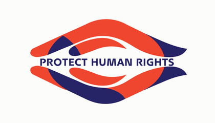 Symbolic orange and blue hands forming a protective human rights emblem © Naymul