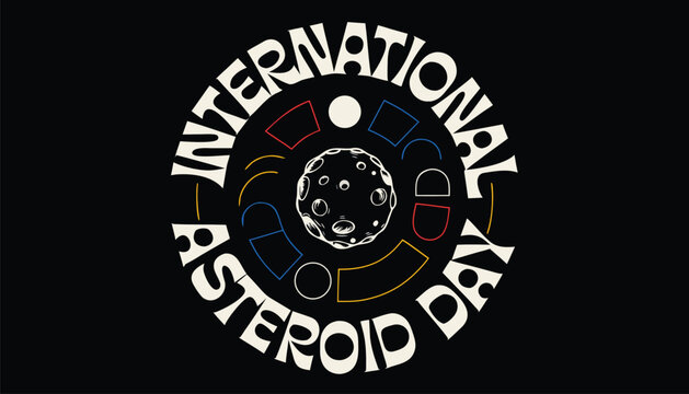 Circular graphic design celebrating the annual international asteroid day event theme