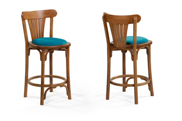 Fototapeta premium Single Modern Wooden Dining Chair with Turquoise Velvet Seat Cushion isolated on white background . different angle 