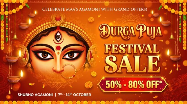 Durga Puja festival sale advertisement with Hindu goddess face