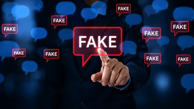 Businessman touching a digital screen with a red speech bubble labeled fake, representing the concept of misinformation, fake news, and digital deception in the modern information age