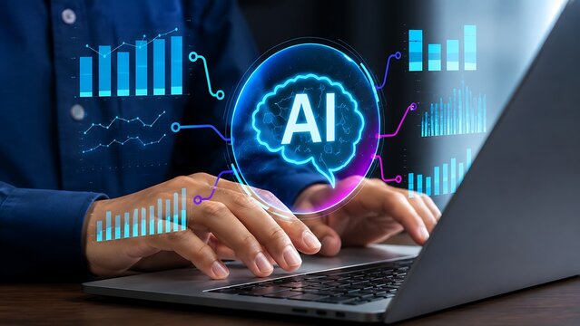 Closeup of a person typing on a laptop with a glowing ai brain interface and digital data charts floating above the keyboard, representing artificial intelligence and data analysis
