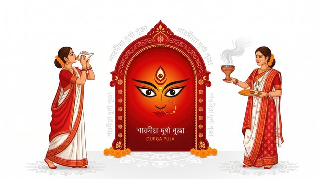 Hindu Goddess Durga Puja Illustration with Two Women