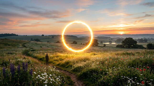 A lone figure observes a luminous, solar crown-like ring above a wildflower meadow, bathed in the golden light of the Summer Solstice sunset, creating a magical rural landscape