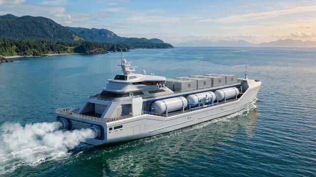 Modern hydrogen fuel cell cargo ship sailing at golden sunset