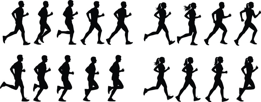 Set of running people silhouettes with male and female athletes jogging executing motion sequences isolated on white background