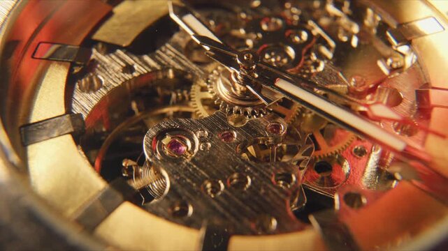 Detailed view of vintage watch mechanism with gears and jewels showing the inner workings of timekeeping technology