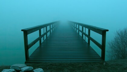 Fototapeta premium Wooden bridge vanishing into thick, atmospheric teal fog