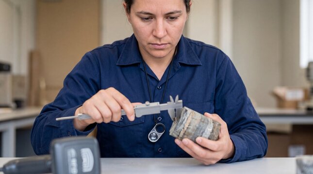 Engineer measuring layered rock core sample with vernier caliper